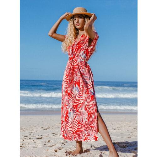 CUPSHE V-neck Red Leafy Wrap Midi Dress With Belt For Woman Sexy Side Split Short Sleeve Dress 2021 Girl Summer Sundress Vestido