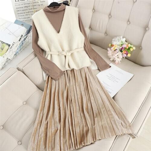 New Autumn Women Dress Vintage Casual Loose V-neck Woolen Vest Top and Pleated Velvet Dress Two-piece Elegant Dresses Vestidos