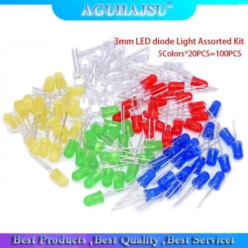 5Colors*20PCS=100PCS 3mm LED diode Light Assorted Kit Red Green Yellow Blue White Mixed Color light LED MIX