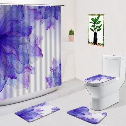 Abstract Flowers Bathroom Set Shower Curtain Washable Non Slip Bath Carpets Toilet Cover Mat With Hook Floral Bathtub Curtains
