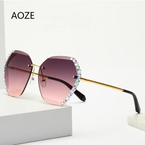AOZE2020 New Crystal Rimless Hexagon Sunglasses Women Luxury Brand Designer High Quality Rhinestone Frameless Gradual Sunglasses