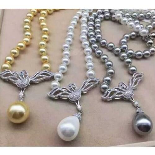 Free shipping Jewelry 8mm natural south sea white shell pearl necklace micro inlay zircon pendant
