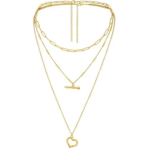 New Fashion Gold Color Hollow Heart-shaped Arrow Pendant Choker Necklace Three Layers Stainless Steel Jewelry For Woman Gift