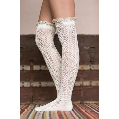 David angie Women Girls Winter Leg Warmers Button Boot Socks with Lace Trim Kintting Knee High Hollow Out Socks,1Yc2962