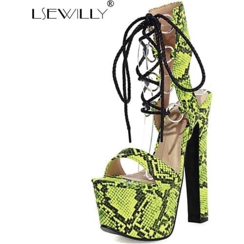 Lsewilly 2021 Summer NEW Style Sexy 16CM High Heels Pumps Sandals Platform Cross-tied Gladiator Party Print Women Shoes Size 46