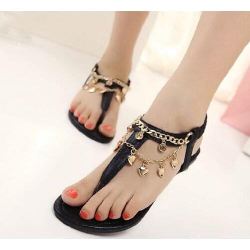 Sweet heart pendant Bohemian sandals women sequined gladiator sandalias metal chain beach shoes woman T-strap sandali donna 171