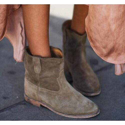 Fashion Gray Suede Leather Increased Heel Ladies Boots Street Style Women Round Toe Ankle Boots Spring Hot Cowboy Ankle Boots