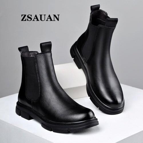 ZSAUAN Chelsea Leather Men Boots Formal Business Boots Spring / Winter Men Motorcycle High Top Elegant British Boots Platform