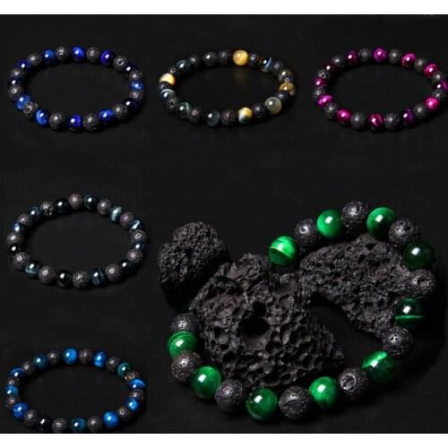 Natural Black Lava stone beads charm bracelet Tiger Eye Stone beads Beaded Men Bracelet Pulsera Homme jewelry gifts wholesale