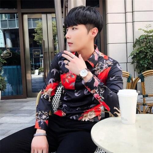 Autumn mens shirt nightclub slim korean floral casual long-sleeved camisas de hombre рубашка мужская одежда fashin clothing