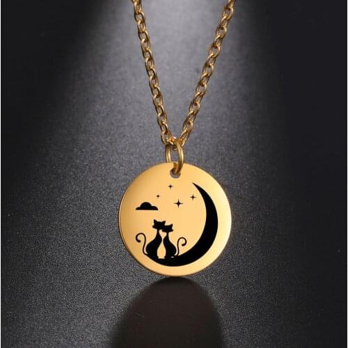 My Shape Two Cats Moon Stars Love Heart Necklace for Women Couples Stainless Steel Pendant Necklace Choker Fashion Jewelry Gifts