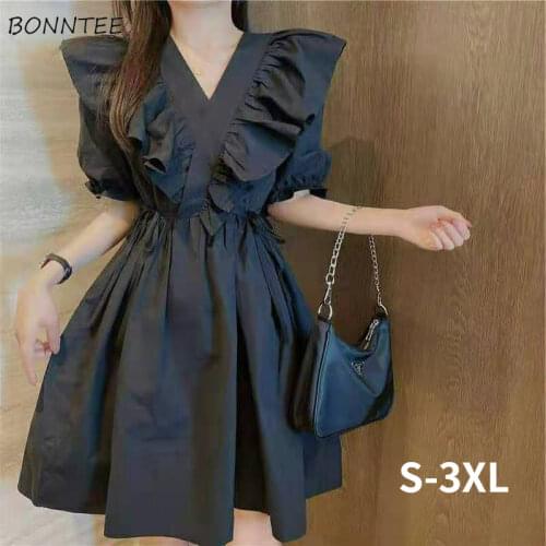 Dress Women Ruffles A-line Midi Oversize Preppy Sweet Cute French Style Retro Ladies Summer Leisure Chic Vacation New Vestidos