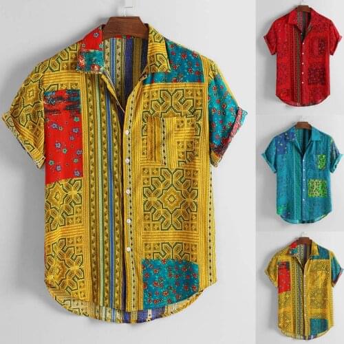 Mens Shirts Summer Short Sleeve Ethnic Style Print Vintage Button Turn Down Collar Shirt Holiday Hawaiian Fit Tops Man Clothes