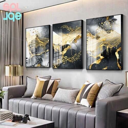 Nordic Home Decor Contemporary Art Golden Black White Abstract Painting Canvas Poster Print Decoration Modern Wall Art Picutre