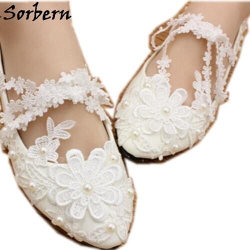 Sorbern Handmade Flat Wedding Shoes White Lace Bridesmaid Shoes Flat Heels Ladies Shoes Size 40 Bridal Heels 2018 Bridal Shoes
