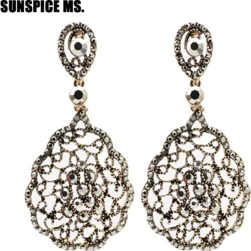 SUNSPICE MS Gothic Dangle Earrings for Women Antque Gold Silver Color Gray Stone Big Metal Ear Pendants Ethnic Wedding Jewelry