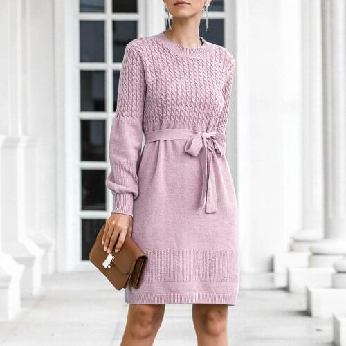Knit dress autumn winter pullovers twist Solid Color Loose Sashes lantern sleeve sweater dresses 6 Colors