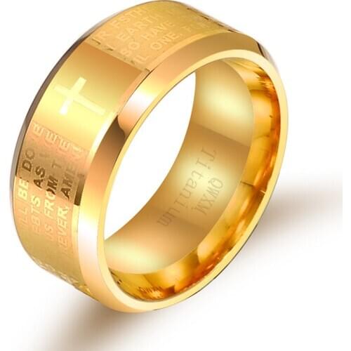 Yingwu Free Ship Men Jewelry Bible Ring Gold English Religious Stainless Steel Father Prayer Padre Nuestro Cross Rings 10pcs