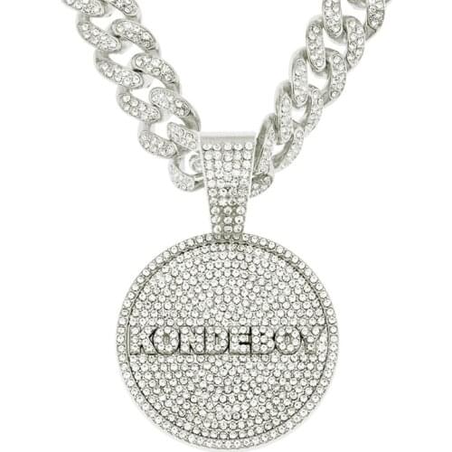 Hip Hop Letter Jewelry Big Coin KONDE BOY Pendant Pave Cubic Zircon Necklace With 20 Inch Miami Cuban Chain Choker DropShipping
