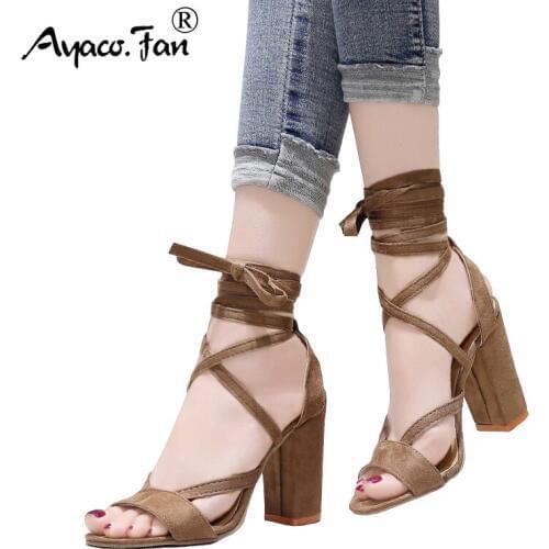 Womens Sandals Summer 2019 New Lady Square Heel Peep Toe 10cm High Heels Women Shoes Cute Lace Up Female Pumps Plus Size 34-43