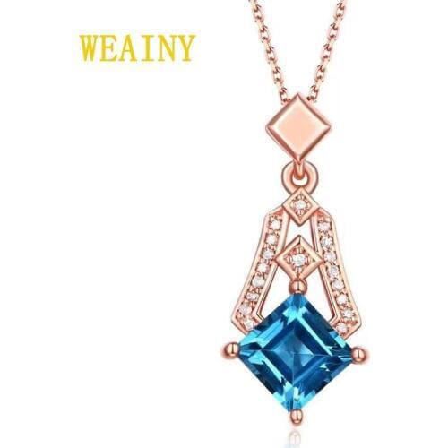 WEAINY Natural Swiss Blue Topaz Pendant Necklace Genuine S925 Sterling Silver Ladies Blue Gem Geometric Ornament