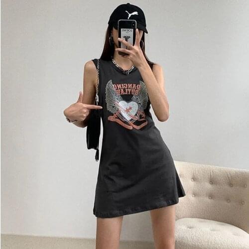 Womens Long Vest urban Vintage Clothes Sleeveless Wings Love Print Tank Top Female 2021 Summer Dress Black Grey Free Shipping