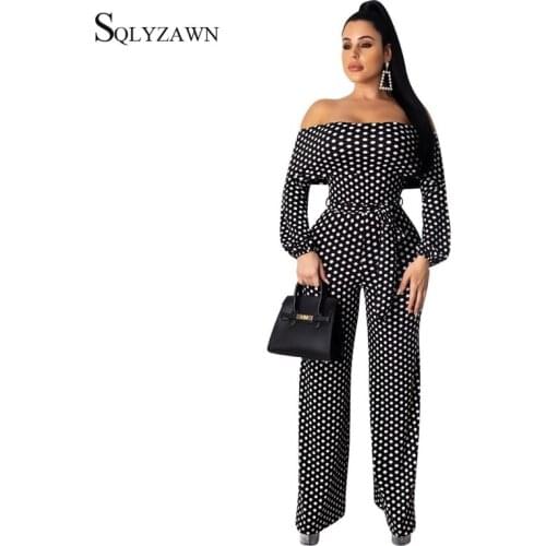 Off Shoulder white dots black Wide Leg Jumpsuit Female Vintage Fall Long Sleeve Palazzo Romper with Bandage Belt Sexy Overalls