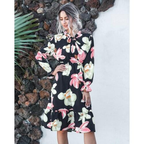 Women Robe Femme Spring Autumn Print A-Line Dresses Bow Ruffles Flare Long Sleeve Elastic Waist Dress For Woman Vestido