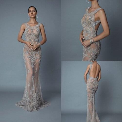 2020 Evening Dresses Sleeveless Lace Appliques Special Occasion Gowns Sequins Open Back Sweep Train Party Prom Dress