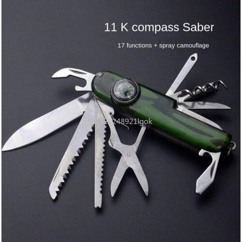 Army Green 11 Open with Compass Camouflage Multi-Function Knife Outdoor Travel Spare Survival Multi-Purpose Utility Knife