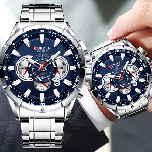 CURREN Luxury Brand Fashion Business Watch Sports Mens Watch Blue Quartz Stainless Steel Wristwatch Chronograph Clock Male
