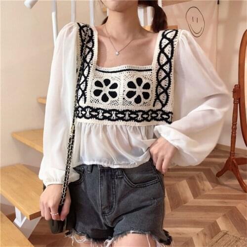 Floral Embroidery Corchet Tops Spring Summer Chiffon Blouse Women Tops And Blouses Boho Retro Vintage Crop Top Blusa Mujer