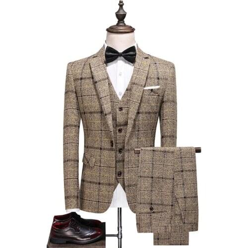 Business Gentlemen fashion Men Plaid Suit 3 （blazer+vest+pants）Piece Slim Fit Wedding Prom Tuxedos Formal Dress Windowpane Suits