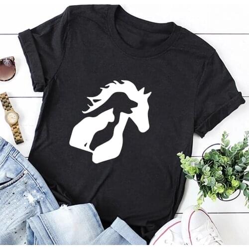 Cat Dog Horse Women O-neck Tee Graphic Breathable Casual Short Sleeve Printed T-shirts Loose Harajuku Black White Grey Tshirt