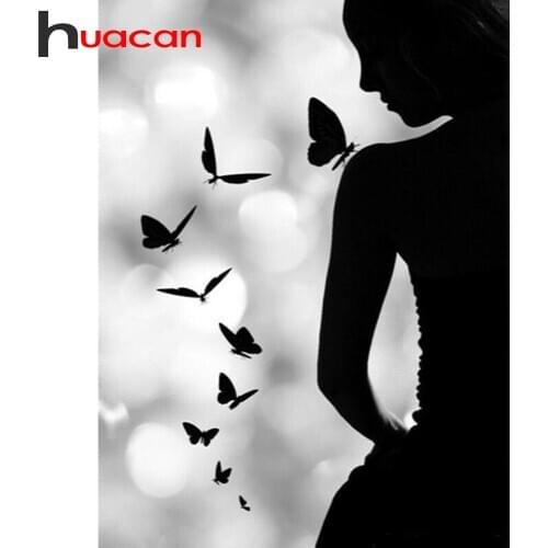 Huacan 5D Diamond Painting Woman Black White Diamond Embroidery Mosaic Butterfly Handcraft Home Decoration