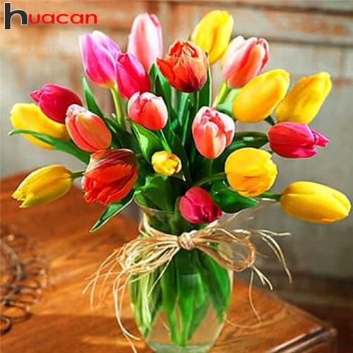 Huacan Full Diamond Embroidery Tulip Vase 5D Diamond Painting Flower Mosaic Cross Stitch Paintings For Interior Home Decor