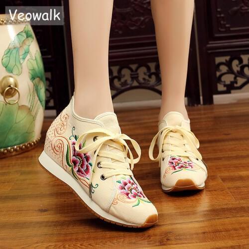 Veowalk Hidden Platforms Women Casual Canvas Embroidered Sneakers Mid Top Lace Up Ladies Comfort Denim Cotton Travel Shoes