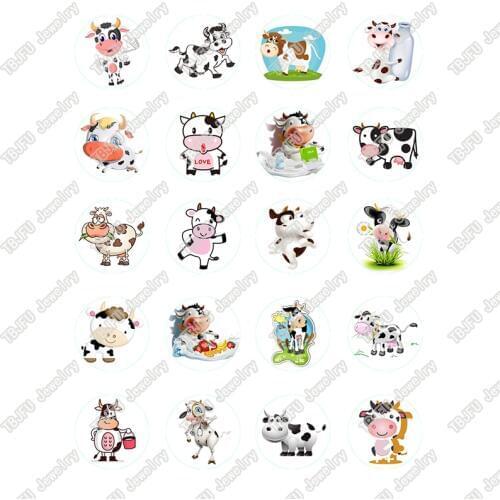 40pcs/lot 10mm 12mm 14mm 16mm Round Cartoon Cow Pattern Glass Cabochon for DIY Jewelry Making Findings & Components T051