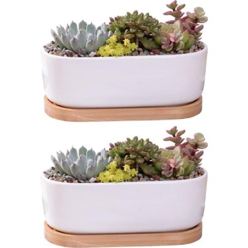 LXAF 2pcs Succulent Planter Ceramic Flower Pot with Bamboo Tray Drainage Holes for Indoor Outdoor Home Garden Decoration