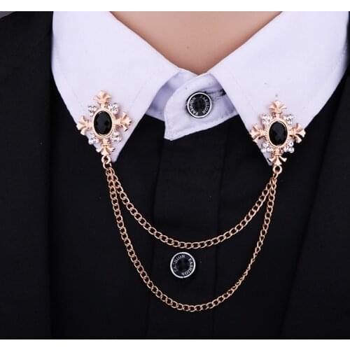 Korean Rhinestone Cross Brooch Tassel Chain Lapel Pin Mens Shirt Collar Pins Badge Corsage for Women Accessories