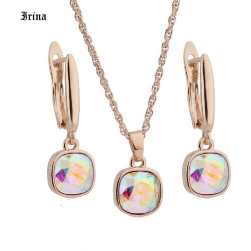New Russian style Small Square Design Color crystal 585 Rose Gold Earrings And Pendant jewellery set Gift For Womens jewelry