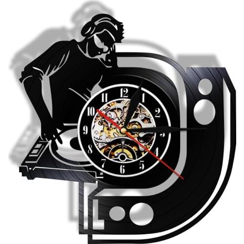 Disc Jockey Vinyl Music Record Wall Clock Dj Mixer Black Hanging Watch LED Night Light Lamp Modern reloj de pared