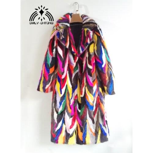 New genuine real natural mink fur coat women fashion x-long multi-color jacket ladies colorful long outwear overcoat warm winter
