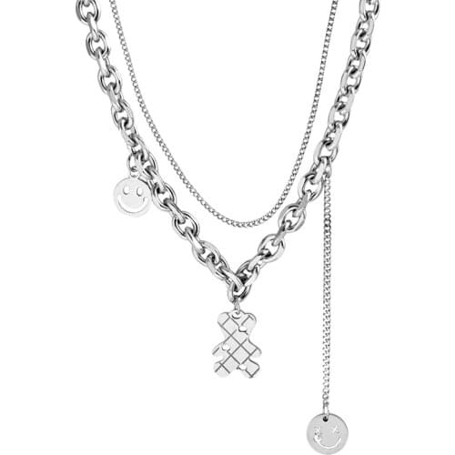 316L Stainless Steel Fadeless A new double bear necklace for 2021 is an Instagram trend with a smiley face collarbone chain