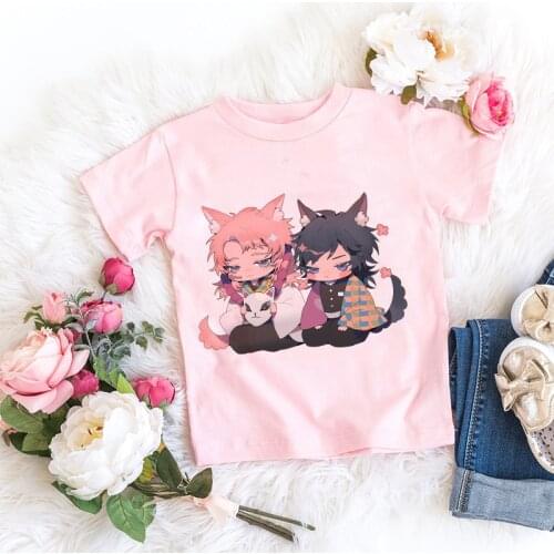 New Demon Blade Girls Tops Cute Children Clothes Fashion Demon Slayer T Shirt Kids Summer Cartoon T-shirt Novelty Anime Pink Top