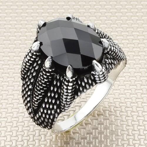 Oval Black Zircon Stone Men Silver Ring With Dragon Foot Motif Made in Turkey Solid 925 Sterling Silver