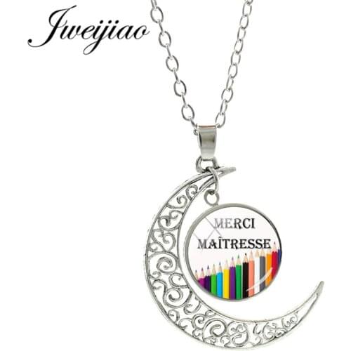 JWEIJIAO French Merci Maitresse Moon Pendant Necklace Super Maitresse Glass Cabochon Collier Necklaces Teacher Mother Gift CT294