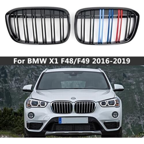A Pair Dual Slat Front Bumper Grills Kidney Grille For BMW X1 F48 F49 2015-2019 Gloss Black/M Color Car Styling Accessories