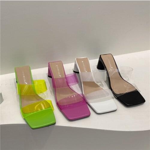 Slip On Sexy Party Nightclub Slippers 2021 New Thick Heel Sandals Open Toe With Transparent Square Toe Mid-high Heel Slippers