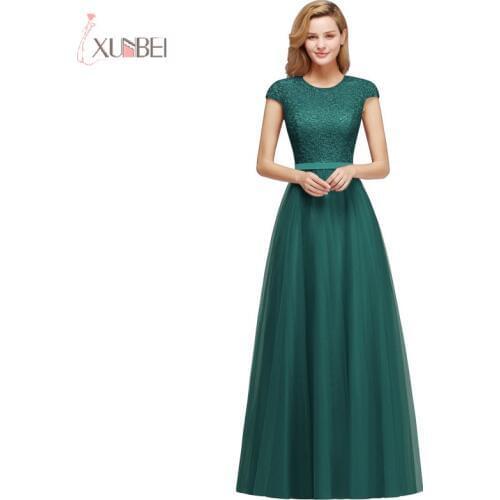 2019 Green Tulle Long Prom Dresses Scoop Neck Cap Sleeve A line Prom Gown Vestido de gala